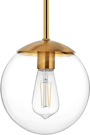 MOTINI Globe Pendant Light, 1-Light Gold Brushed Brass Pendant Lighting with 8 Clear Glass Shade, Single Ceiling Hanging Light Fixture for Kitchen