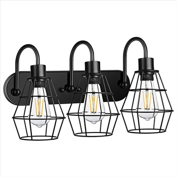 3-Light Industrial Bathroom Vanity Light,Vintage Metal Cage Wall Sconce,Rustic Farmhouse Wall Light Fixture,Porch Wall Lamps for Bedroom,Living Room,Mirror Cabinet,Kitchen(E26 Base, Bulb Not Included)