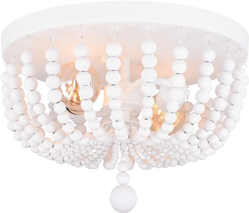 ALICE HOUSE 14.1 Flush Mount Ceiling Light, 2 Lights Wood Beaded Chandelier, White Farmhouse Ceiling Light for Entryway, Hallway, Bedroom and Stairway AL9031-S2