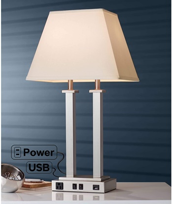 Amity Modern Contemporary Table Lamp with Hotel Style USB & AC Outlet Brushed Nickel White Linen Shade Decor for Living Room Bedroom House Bedside Nightstand Home Office Family - Possini Euro Design