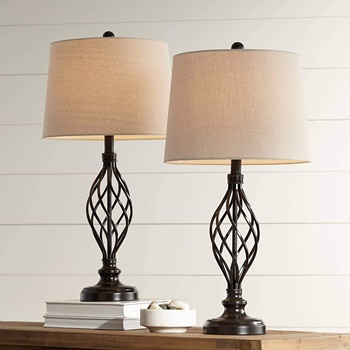 Annie Traditional Rustic Farmhouse Table Lamps Set of 2 Bronze Iron Scroll Tapered Cream Drum Shade for Living Room Bedroom House Bedside Nightstand Home Office Entryway Family - Franklin Iron Works