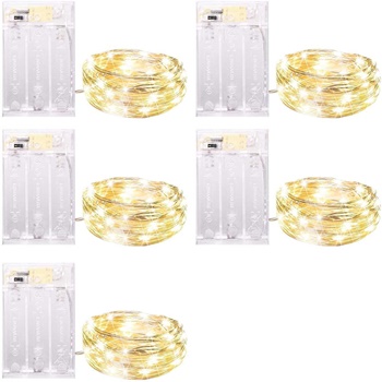 Fairy Lights Battery Operated, 5 Pack 7 FT 20 LED String Lights with Timer, Waterproof Silver Wire Fairy Lights for Bedroom Christmas Home Party Wedding Decorations, Warm White