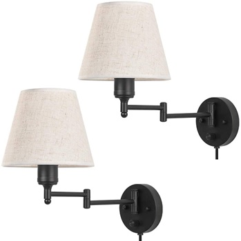 HAITRAL Plug in Wall Sconces Set of 2- Dimmble Wall Lamps with Linen Shade,Plug-in or Hardwired Wall Lights, Swing Arm Wall Lamps for Bedroom, Bedside, Living Room, Office, Farmhouse