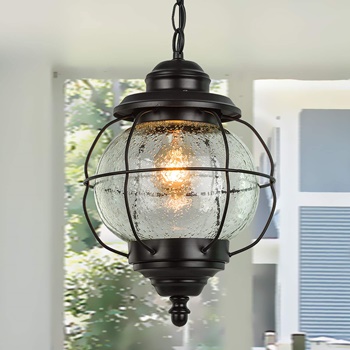 LALUZ Outdoor Pendant Lights, Farmhouse Ceiling Hanging Porch Fixture in Black Metal with Clear Bubbled Glass Globe in Iron Cage Frame, Exterior Lantern for Gazebo, Entryway, Patio