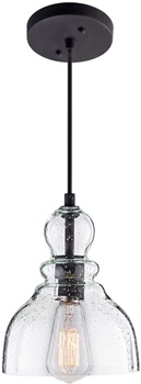 LANROS Industrial Mini Pendant Lighting with Handblown Clear Seeded Glass Shade, Adjustable Cord Farmhouse Lamp Ceiling Pendant Light