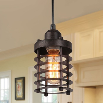 LNC A02534 Rustic Pendant Lighting for Kitchen Island Retro Vintage Hanging Ceiling Fixture with Industrial Metal Cage Shade, Mini Lamp for Dining Room, Bedroom, Foyer, 3.9”D, A02534, Brown