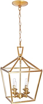 MOTINI 4-Light Gold Lantern Pendant Light in Burnished Brass Finish Metal Geometric Fixture Light for Kitchen Island Cage Chandelier with Adjustable Chain Hang Lighting for Dining Room Foyer