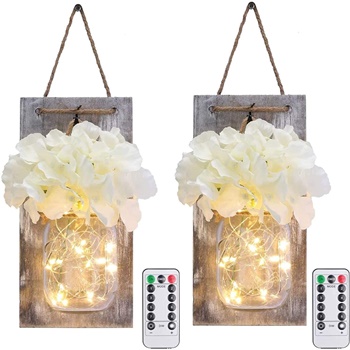 Mason Jar Wall Lights with Remote Control, LIGHTESS Rustic Bedroom Wall Decor, Hanging Battery Powered Jar Sconce with LED Fairy Lights for Farmhouse Decor, SYA11 (Set of 2)