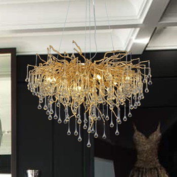 Modern Crystal Chandelier Lighting Ceiling Pendant Dining Room Foyer Entryway Chandeliers Flower Rain-Drop Hanging Light Fixtures Tree Twig Branch Fringe Style Gold (Dia 23.5' Round Gold)