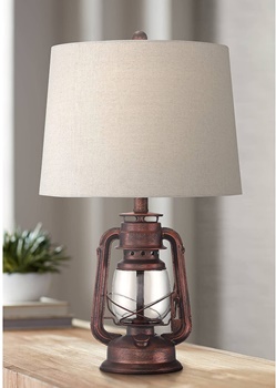 Murphy Rustic Industrial Accent Table Lamp Miner Lantern Red Bronze Clear Glass Oatmeal Fabric Drum Shade for Living Room Bedroom House Bedside Nightstand Home Office Family - Franklin Iron Works