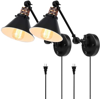 Plug in Wall Sconces Set of 2, PARTPHONER Swing Arm Wall Lamp with Dimmable On Off Switch, Metal Black Vintage Industrial Wall Mounted Lighting Reading Light Fixture for Bedside Bedroom Indoor Doorway