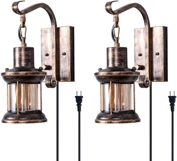 Rustic Wall Light, 2-in-1 Oil Rubbed Bronze Vintage Wall Light Fixtures Hardwired Plug in Industrial Glass Shade Lantern Lighting Retro Lamp Metal Wall Sconce for Home Bedroom Dining Room café(2 pack)