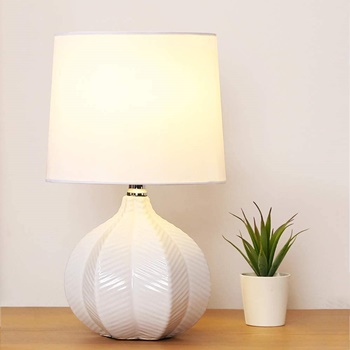 SOTTAE Modern Style Small Ceramic Milk Color Unique Desgin Bedside Table Lamp, Cute Desk Lamp with White Fabric Shade for Livingroom Bedroom