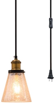 SYDTOP Modern Mini Pendant Light, Hand Blown Amber Crackled Glass Shade with 13Ft Plug in Cord and On Off Switch, Vintage Edison Farmhouse Hanging Lamp for Kitchen Island Dining Room Bedside Corner