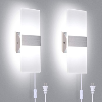 TRLIFE Modern Wall Sconces Set of Two, Plug in Wall Sconces 12W 6000K Cool White Acrylic Wall Sconce Lighting with 6FT Plug in Cord and On Off Switch on The Cord 2 Pack