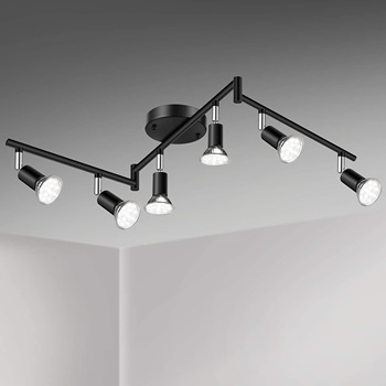 Unicozin LED 6 Light Track Lighting Kit, Black 6 Way Ceiling Spot Lighting, Flexibly Rotatable Light Head, Track Light Included 6 x LED GU10 Bulb (4W, Daylight White 5000K, 400LM)