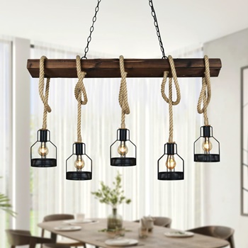 Unitary Brand Rustic Black Metal and Wood Beam Farmhouse Pendant Lighting for Kitchen Island with 5 E26 Bulb Sockets, Dining Room Hanging Lights, Industrial Pendant Light Fixtures
