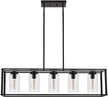 VINLUZ Farmhouse Chandeliers Rectangle Black 5 Light Dining Room Lighting Fixtures Hanging, Kitchen Island Cage Pendant Lights Contemporary Modern Ceiling Light with Glass Shade Adjustable Rods
