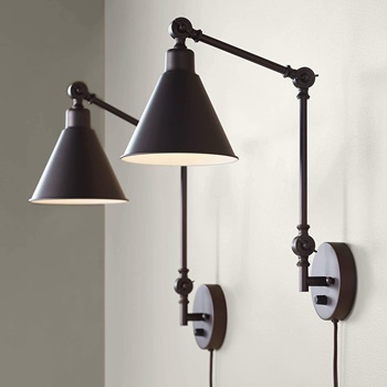 Wray Modern Industrial Adjustable Swing Arm Plug in Wall Lights Set of 2 Lamps Dark Bronze Plug-in Light