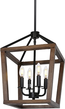hykolity 4-Light Rustic Chandelier, Adjustableheight Lantern Pendant Light W Oak Wood and Iron Finish, Farmhouse Lighting Fixtures for Dining Room, Kitchen,hallway, 18 inchh x 12 inch W, ETL Listed
