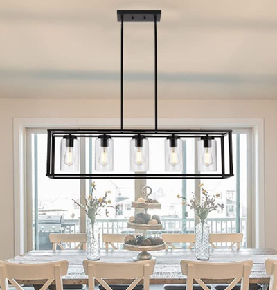 VINLUZ Farmhouse Chandeliers Rectangle Black 5 Light Dining Room Lighting Fixtures Hanging, Kitchen Island Cage Pendant Lights Contemporary Modern Ceiling Light with Glass Shade Adjustable Rods